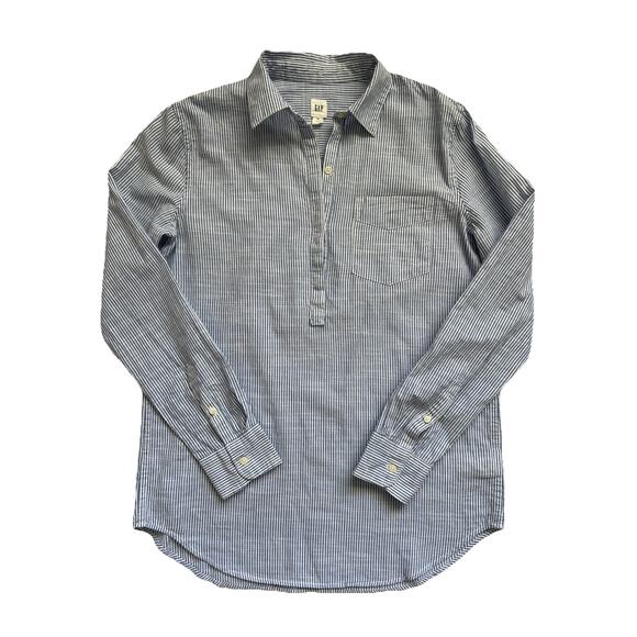 NWT Gap Boyfriend Popover Shirt Women XS Striped  Blue White Long Sleeves Cotton - Picture 1 of 8